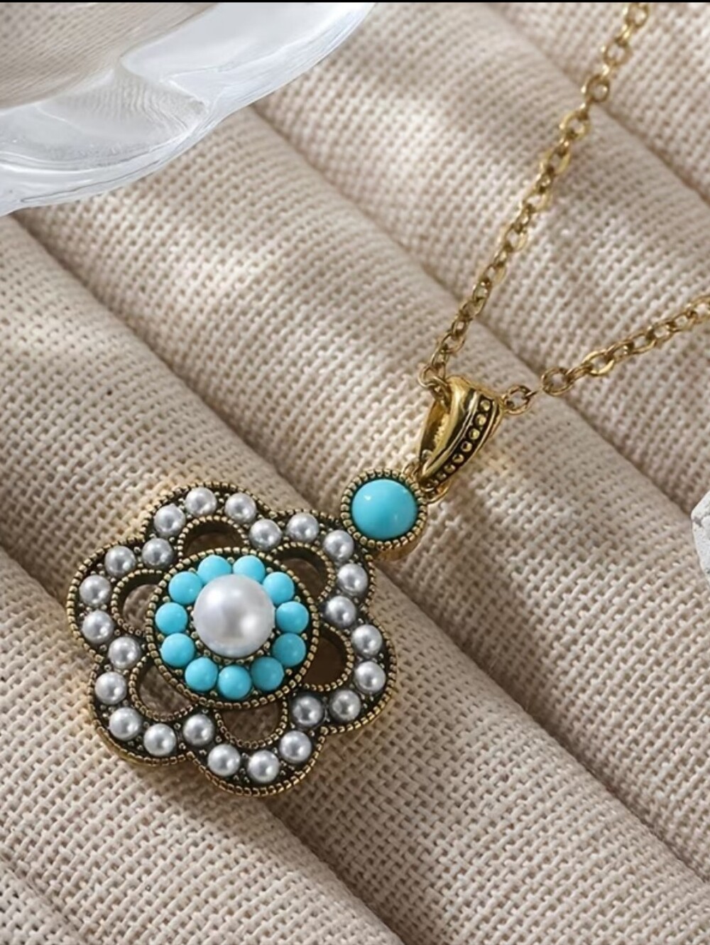 Turquoise Pearl Flower Pendant Necklace - Gold Tone